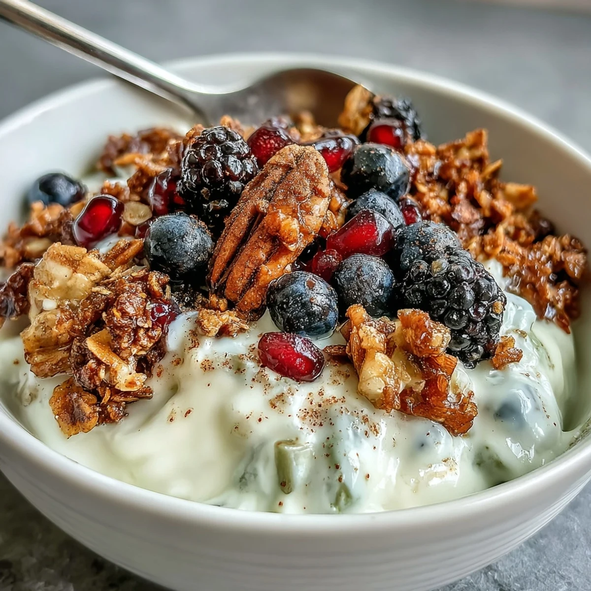 Enjoy the cozy Yogurt Bowl with Winter Berries and Spiced Crunch, garnished with pomegranate seeds and crunchy cinnamon-spiced pecans for texture.