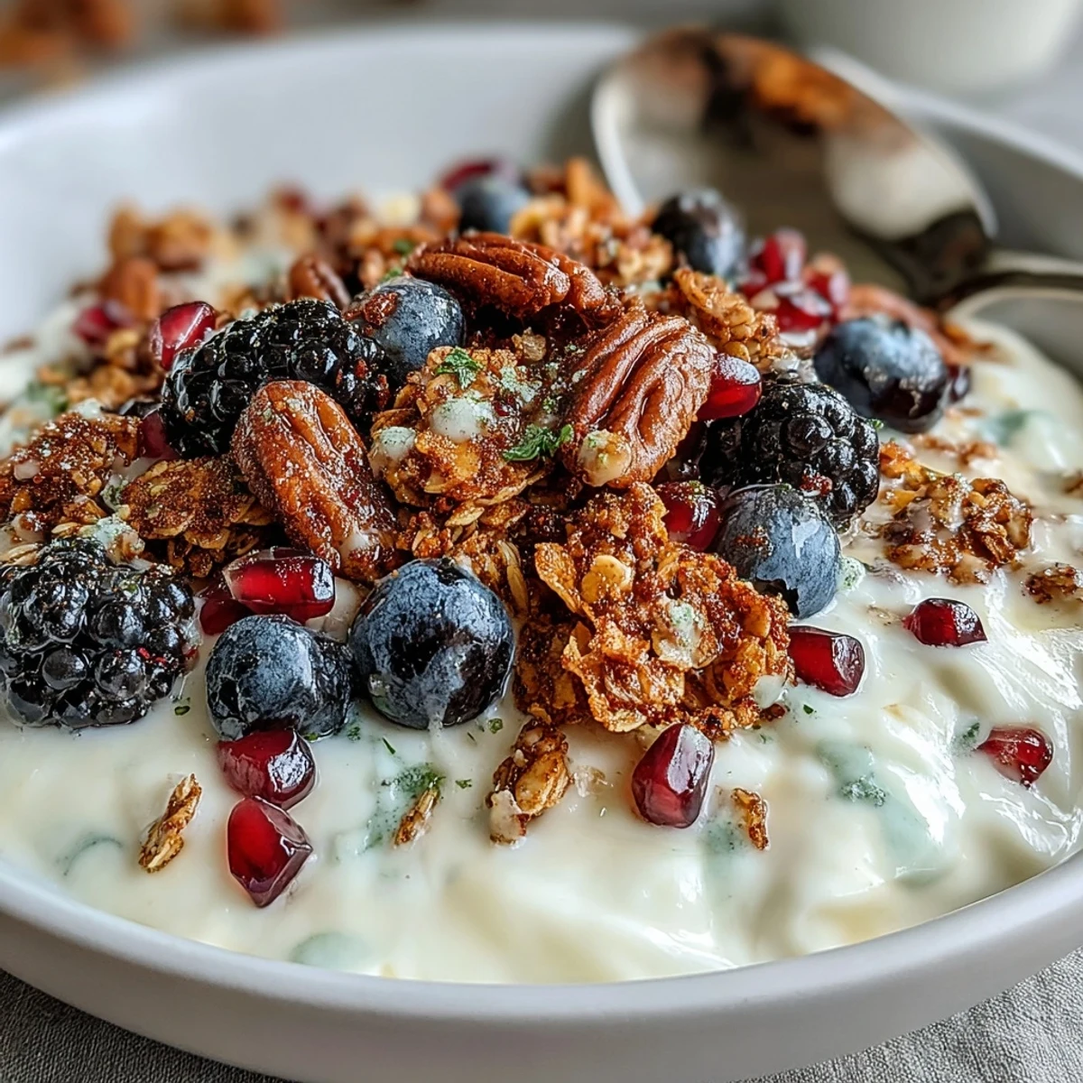 Perfectly balanced Yogurt Bowl with Winter Berries and Spiced Crunch, served with a honey drizzle and warm, fragrant spices in every bite.