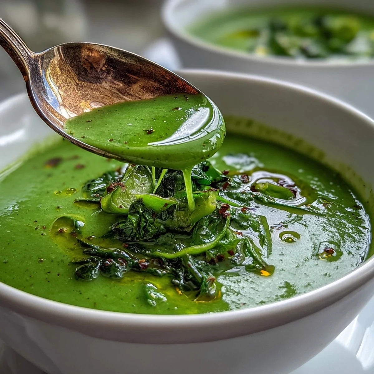 Creamy green vegetable soup with spinach, asparagus, and broccoli in a rustic bowl, garnished with fresh herbs.  