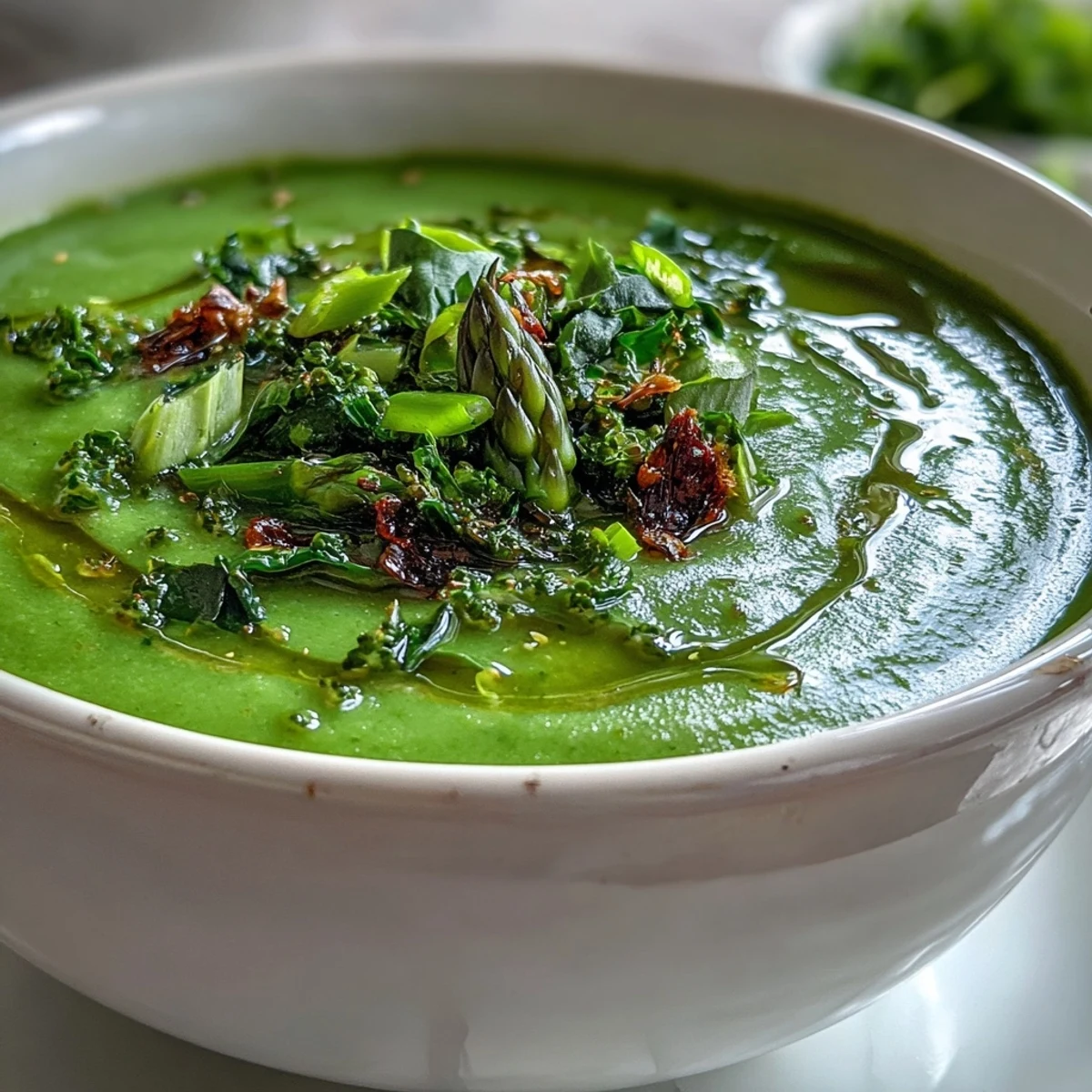 Blended Big Green Immunity-Boosting Vegetable Soup served warm with a slice of crusty whole-grain bread for dipping.  