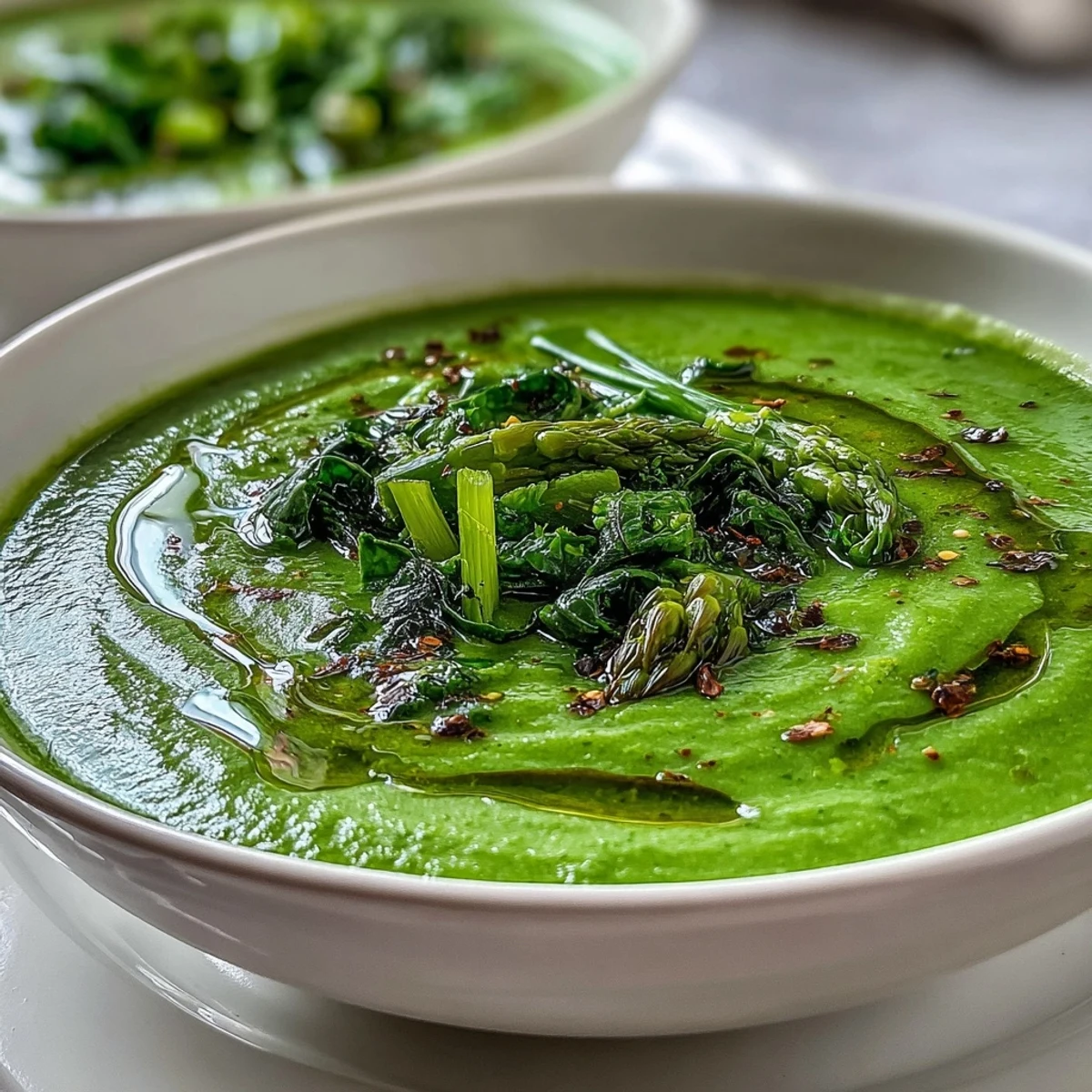 Vibrant vegan broccoli and spinach soup with a swirl of olive oil and a bright lemon wedge.