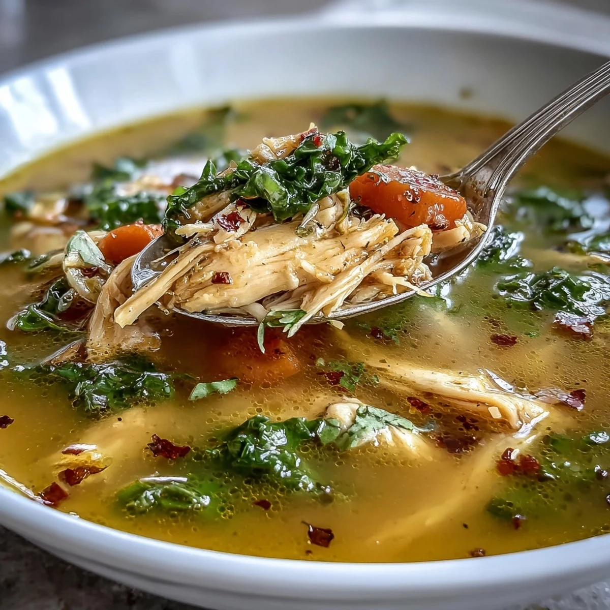 A steaming bowl of High Protein Lemon and Turmeric Chicken Soup garnished with fresh parsley and lemon wedges.