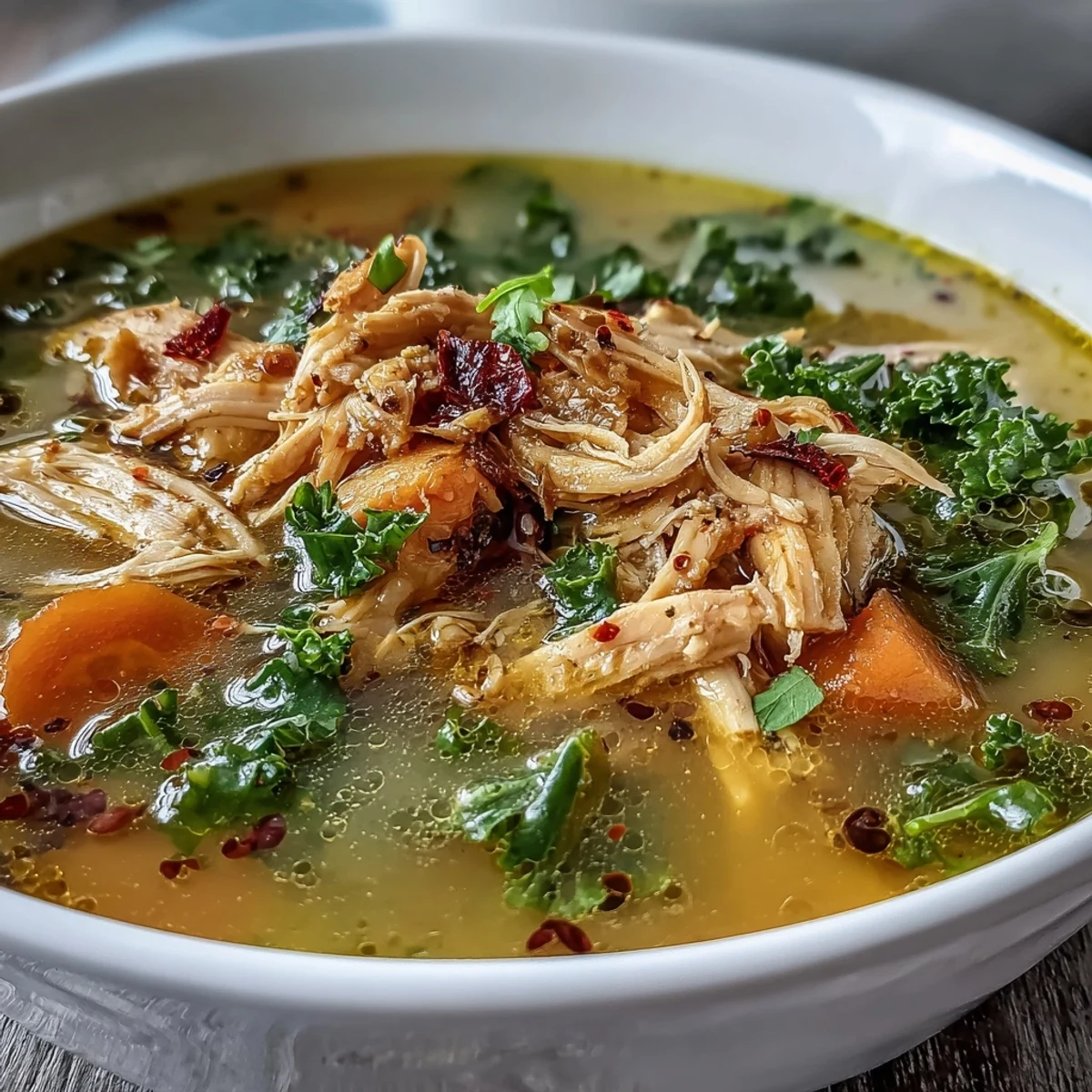 The golden turmeric broth of High Protein Lemon and Turmeric Chicken Soup is filled with tender chicken and wilted kale.