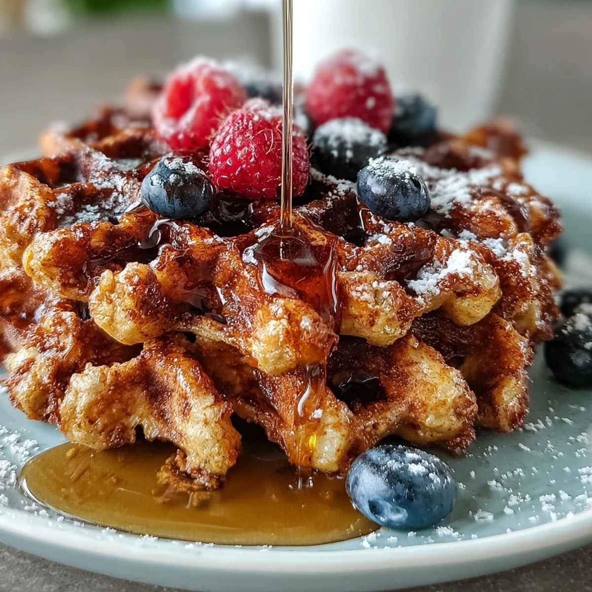 Golden, fluffy Anti-Inflammatory Adaptogenic Turmeric Waffles topped with berries and maple syrup on a rustic plate.