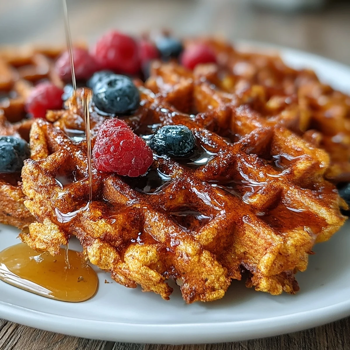 Freshly cooked Anti-Inflammatory Adaptogenic Turmeric Waffles stacked high, featuring vibrant yellow hue and sliced banana.