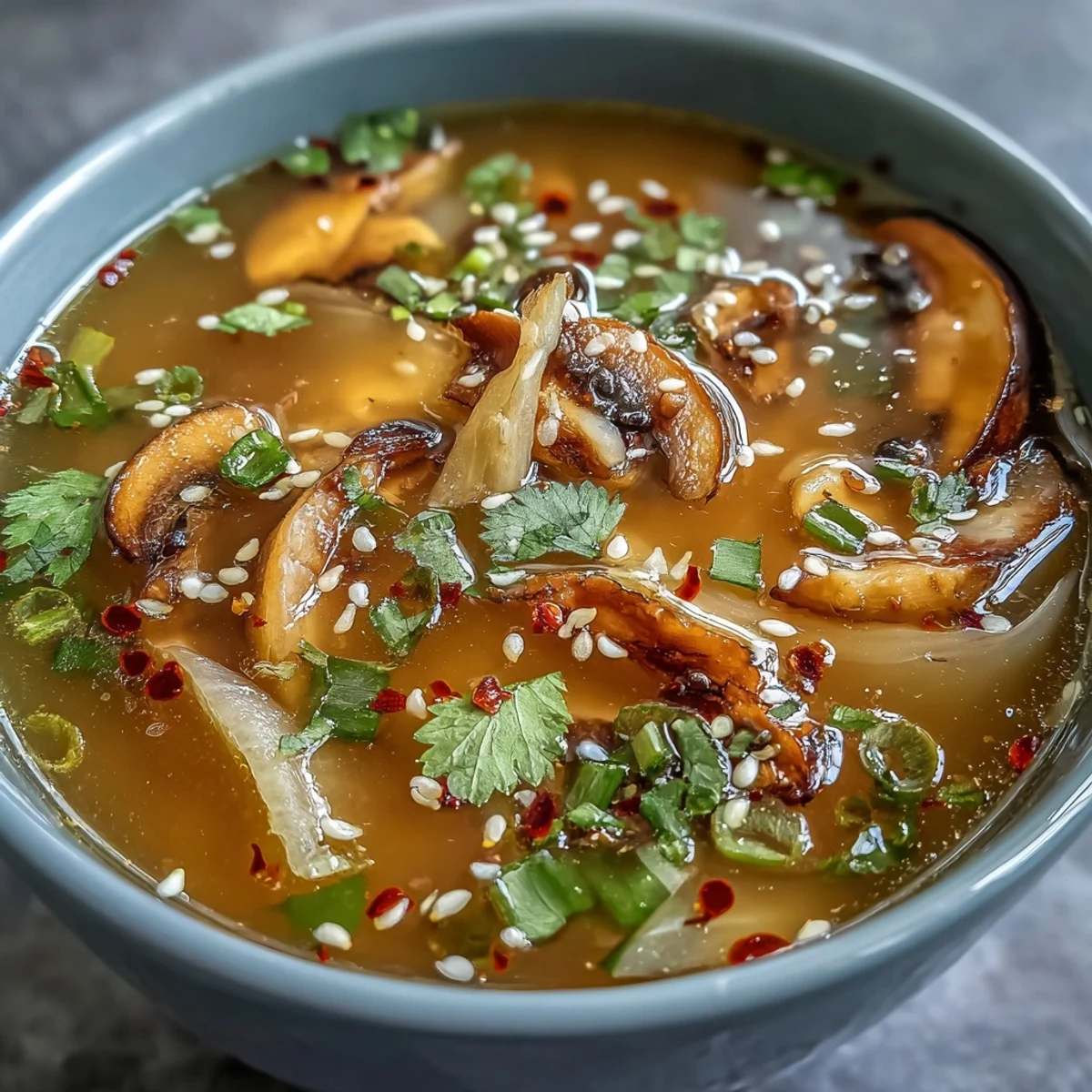 A warm bowl of Ginger-Miso Winter Soup, featuring tender napa cabbage and shiitake mushrooms in a savory, steaming broth.  