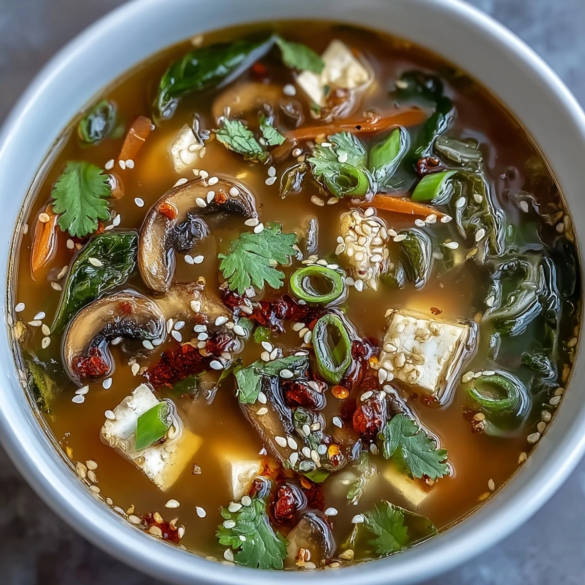 A close-up of Ginger-Miso Winter Soup with silky tofu cubes and julienned carrots, highlighting its comforting, umami-rich texture.