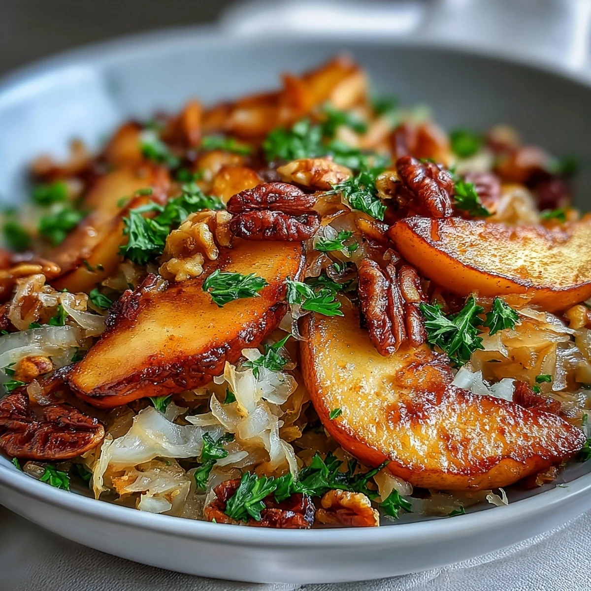 Hearty Warm Apple and Sauerkraut Skillet Salad with walnuts and fresh herbs, ready to serve as a gluten-free vegetarian main.