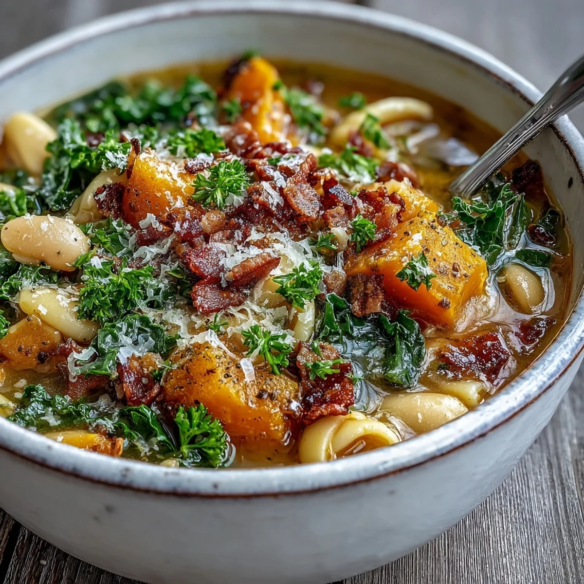 Fall Minestrone soup simmering in a pot, showcasing tender butternut squash cubes and creamy white beans in a savory tomato broth.  