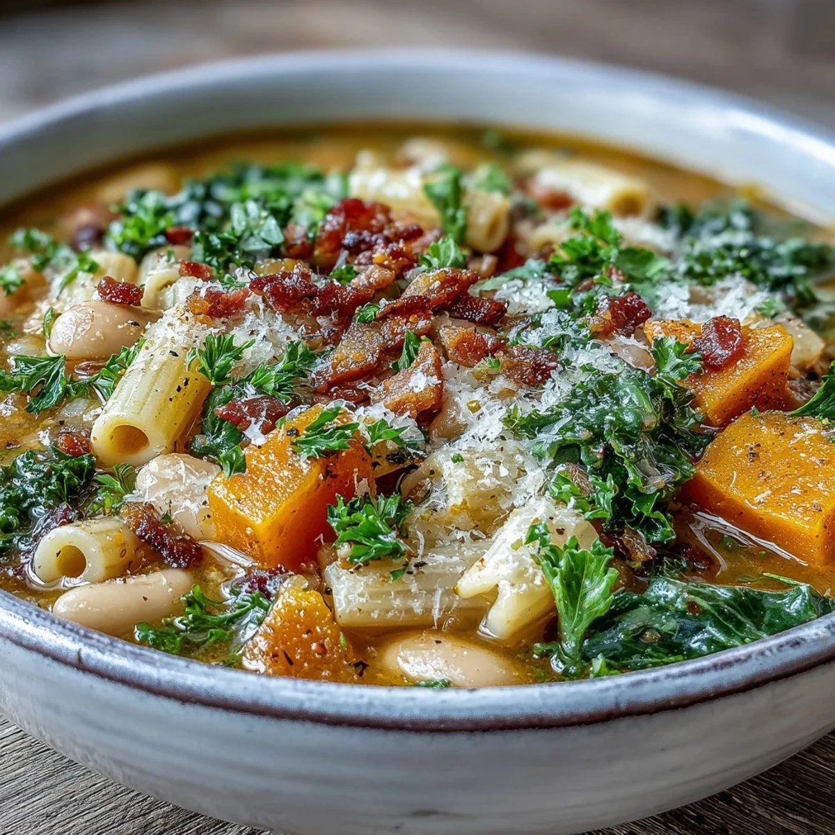 A close-up of a warm bowl of Fall Minestrone topped with crispy pancetta, fresh parsley, and grated Parmesan cheese.  