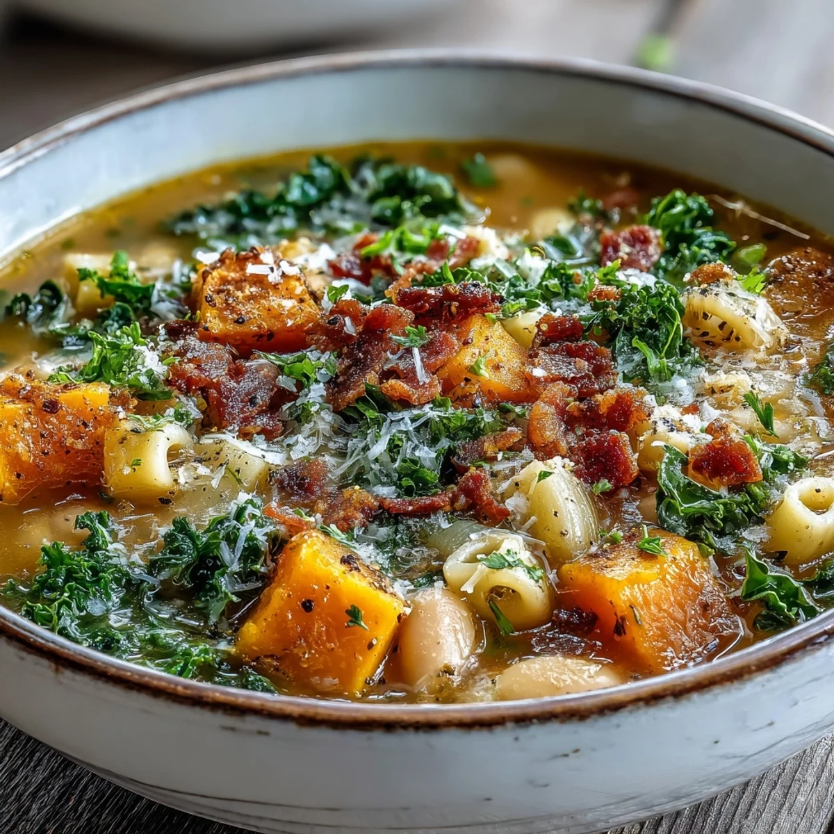 Hearty Fall Minestrone with ditalini pasta and vibrant kale, served alongside crusty artisan bread for dipping.