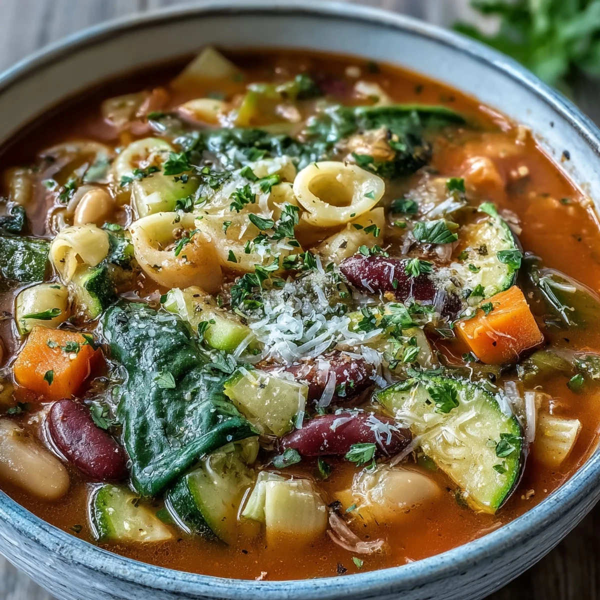 Hearty Minestrone Soup in a rustic pot, garnished with fresh parsley and a drizzle of olive oil.  
