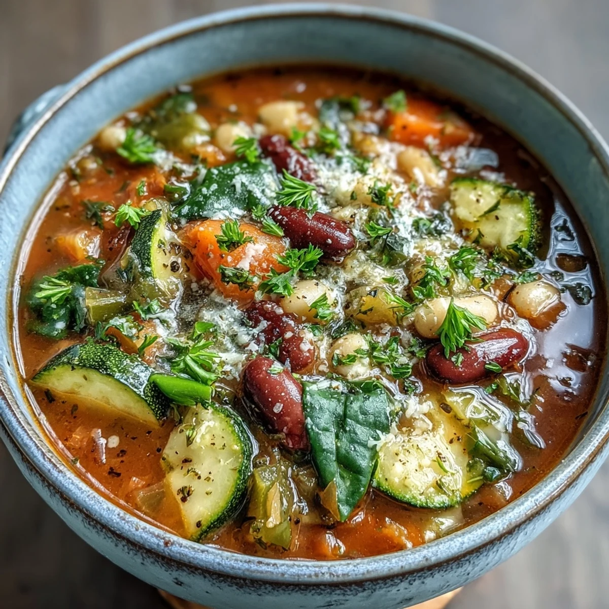 Steaming bowl of hearty Minestrone Soup, loaded with colorful veggies, pasta, and creamy white beans.  