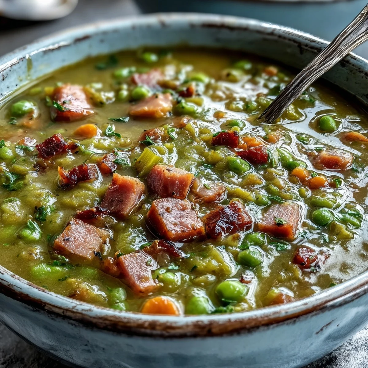 Steaming bowl of Split Pea and Ham Soup garnished with fresh thyme, served alongside crusty bread.