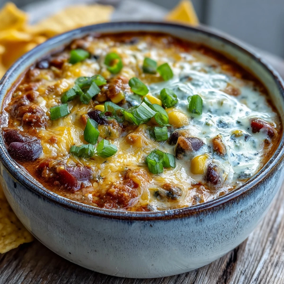 Creamy Taco Soup simmering in a pot, loaded with black beans, corn, and melted cheddar, ready to serve with crunchy tortilla chips.