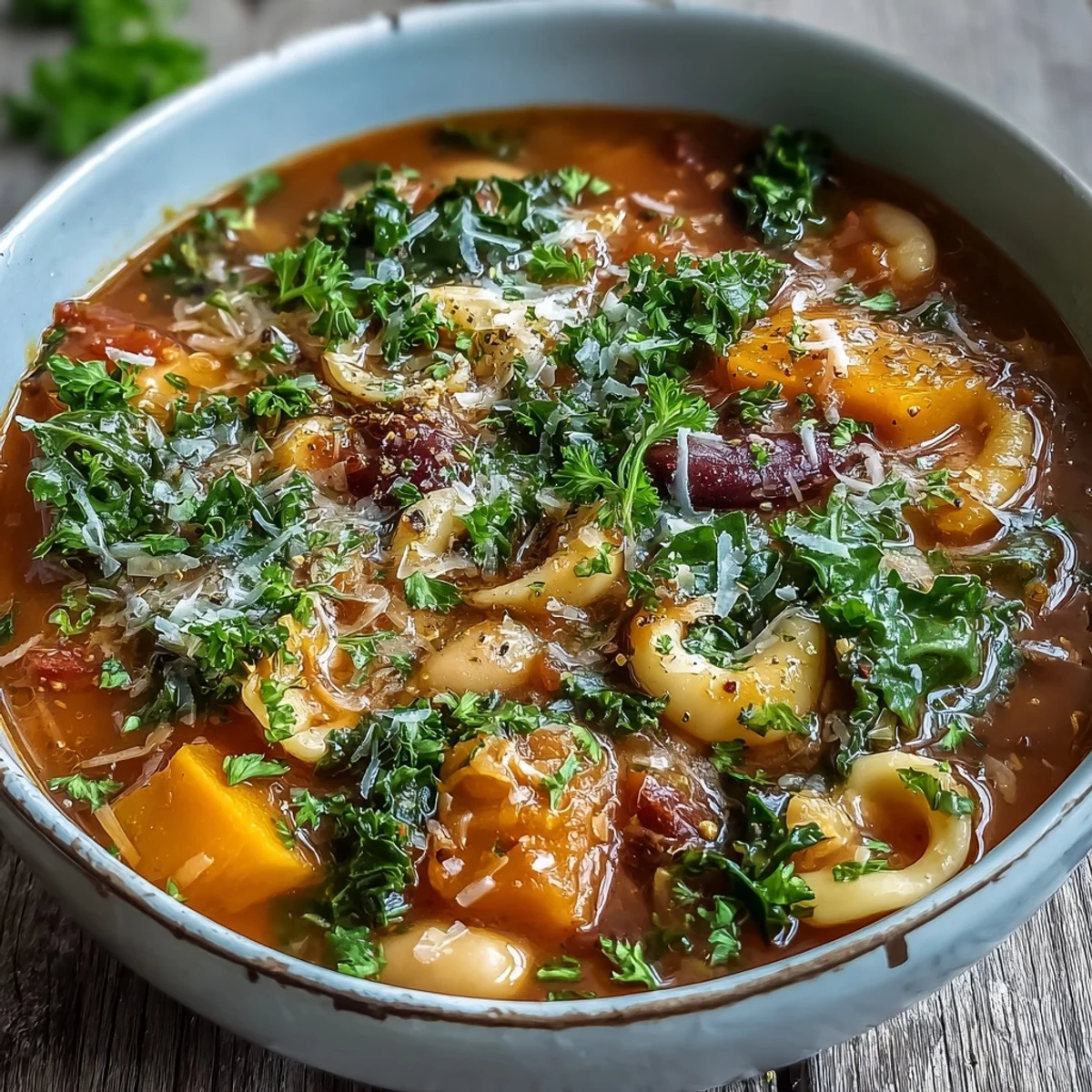 A comforting bowl of Winter Minestrone Soup With Butternut Squash and Kale, showcasing tender vegetables and beans in a rich tomato broth.  