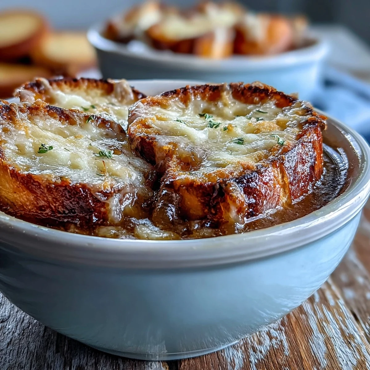 Golden-brown caramelized onions simmer in a Dutch oven, forming the base of this Dutch Oven French Onion Soup.