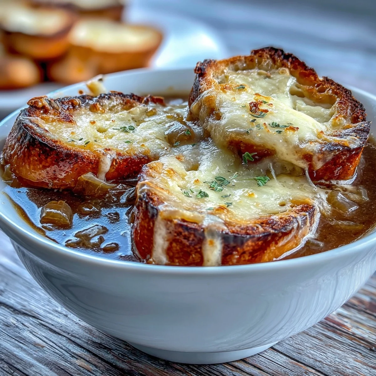 A steaming bowl of Dutch Oven French Onion Soup is garnished with fresh thyme, served with a crisp green salad on the side.