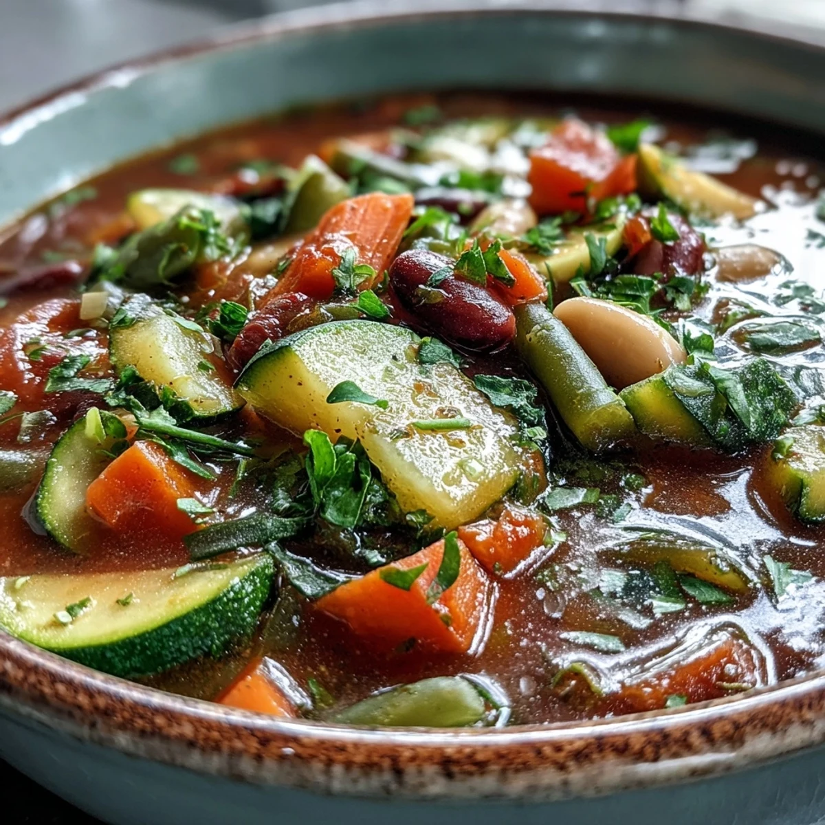 A steaming bowl of Minestrone Soup, brimming with pasta, beans, and vibrant vegetables, served with crusty bread.