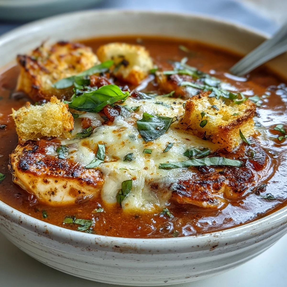 A steaming bowl of Grilled Chicken Parmesan Soup topped with melted cheese, fresh basil, and garlic croutons.  