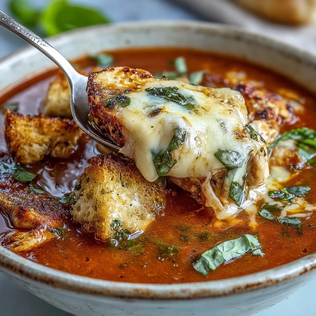 Grilled Chicken Parmesan Soup served hot with a side salad and crusty bread for dipping.  