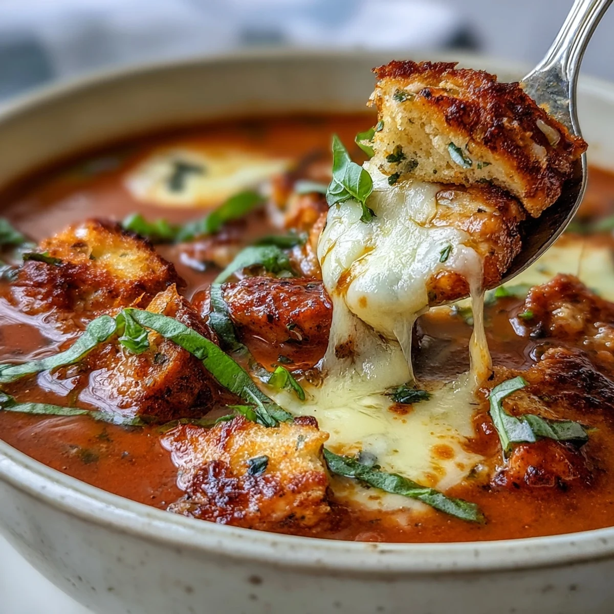 Hearty Grilled Chicken Parmesan Soup features grilled chicken pieces, tomatoes, and herbs in a rich broth.