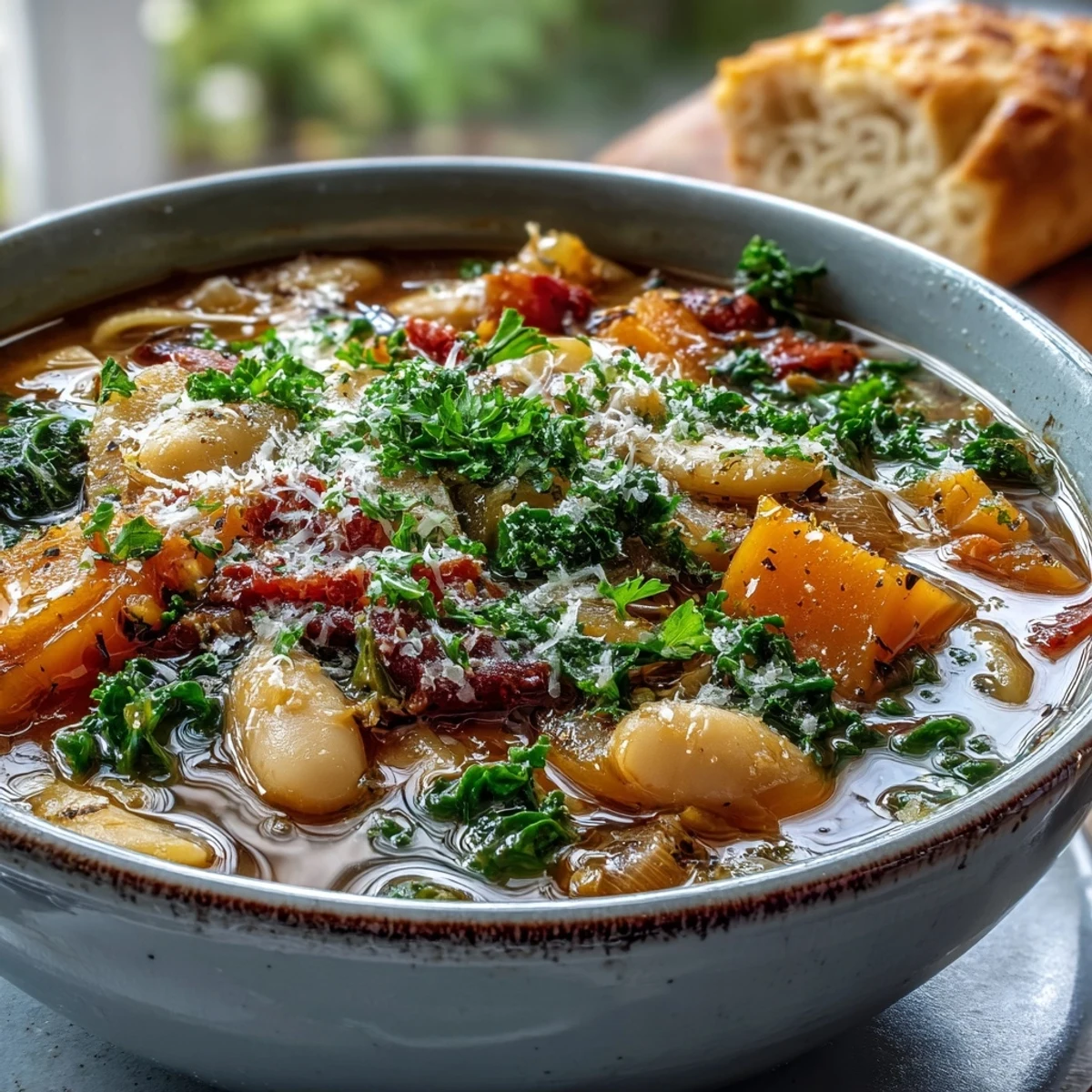 A hearty bowl of Winter Minestrone Soup with kale and butternut squash, served with crusty bread.