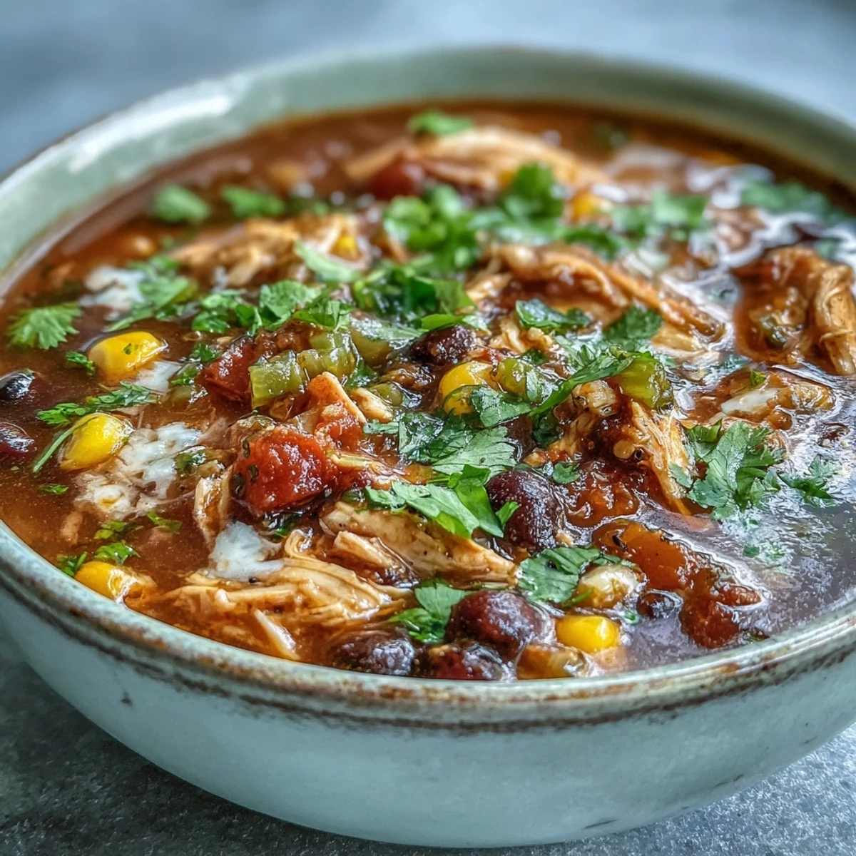 A steaming bowl of Southwestern Turkey Soup, featuring tender turkey, black beans, and sweet corn in a rich, spicy broth.