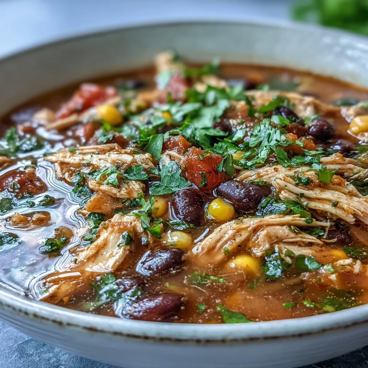 Close-up of vibrant Southwestern Turkey Soup with tomatoes, green chiles, and shredded turkey, served with a lime wedge.