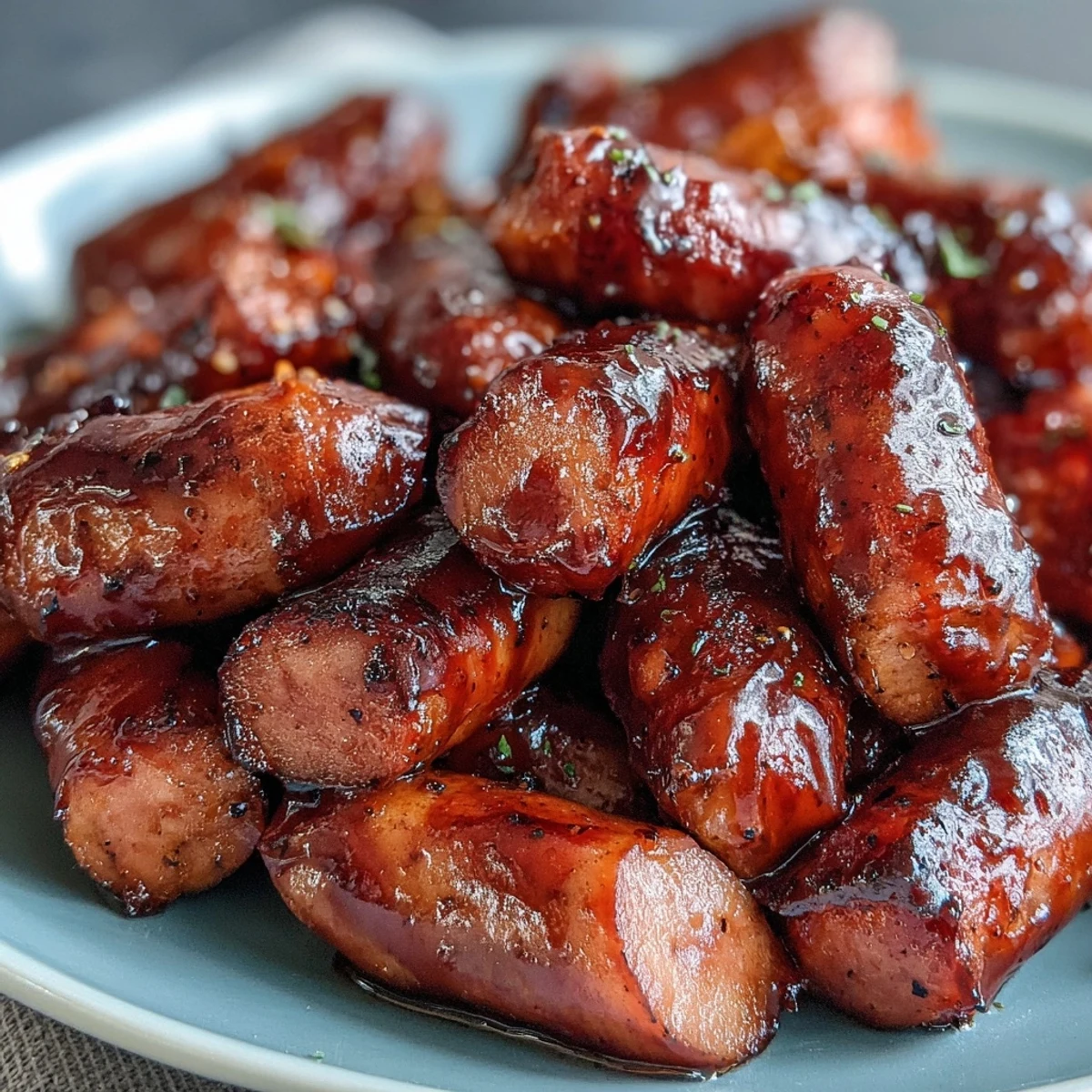 Savory Crock Pot BBQ Cocktail Sausage simmering in a sweet apricot glaze, served steaming in a rustic crock pot for game day.