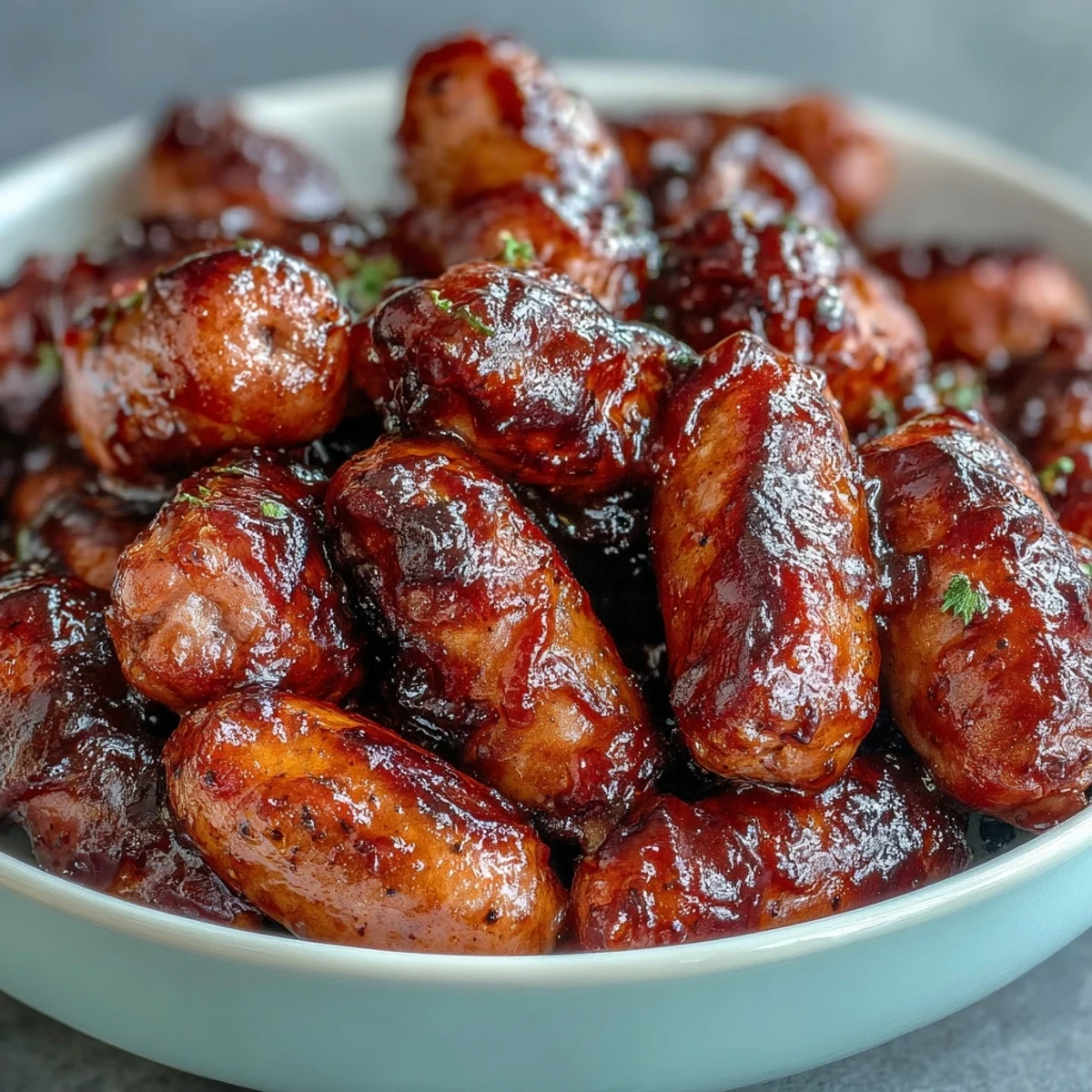Golden Crock Pot BBQ Cocktail Sausage simmering, glossy barbecue sauce clinging to smoked links, perfect alongside pickles and crusty bread.