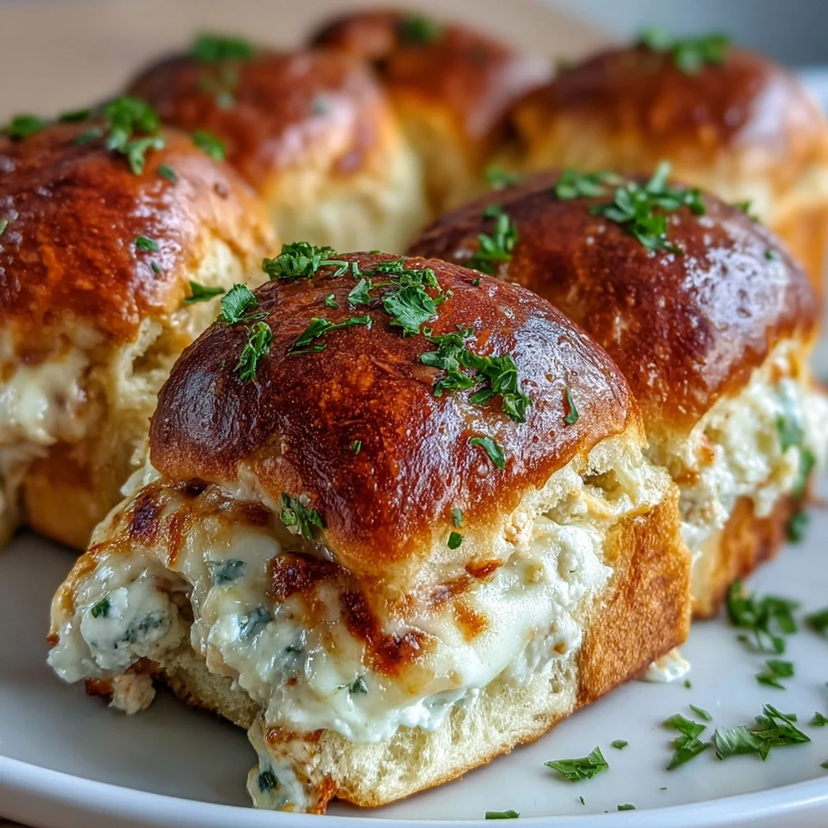 Twelve soft slider buns stuffed with bubbly Pizza Dip Sliders, drizzled with ranch and fresh parsley.