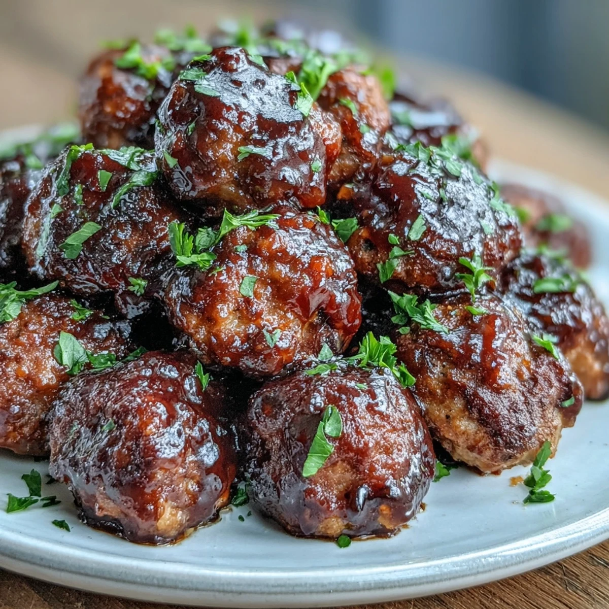 Slow Cooker Peach Glazed Meatballs glistening in a rich, sticky glaze, served hot from the crockpot on a platter.