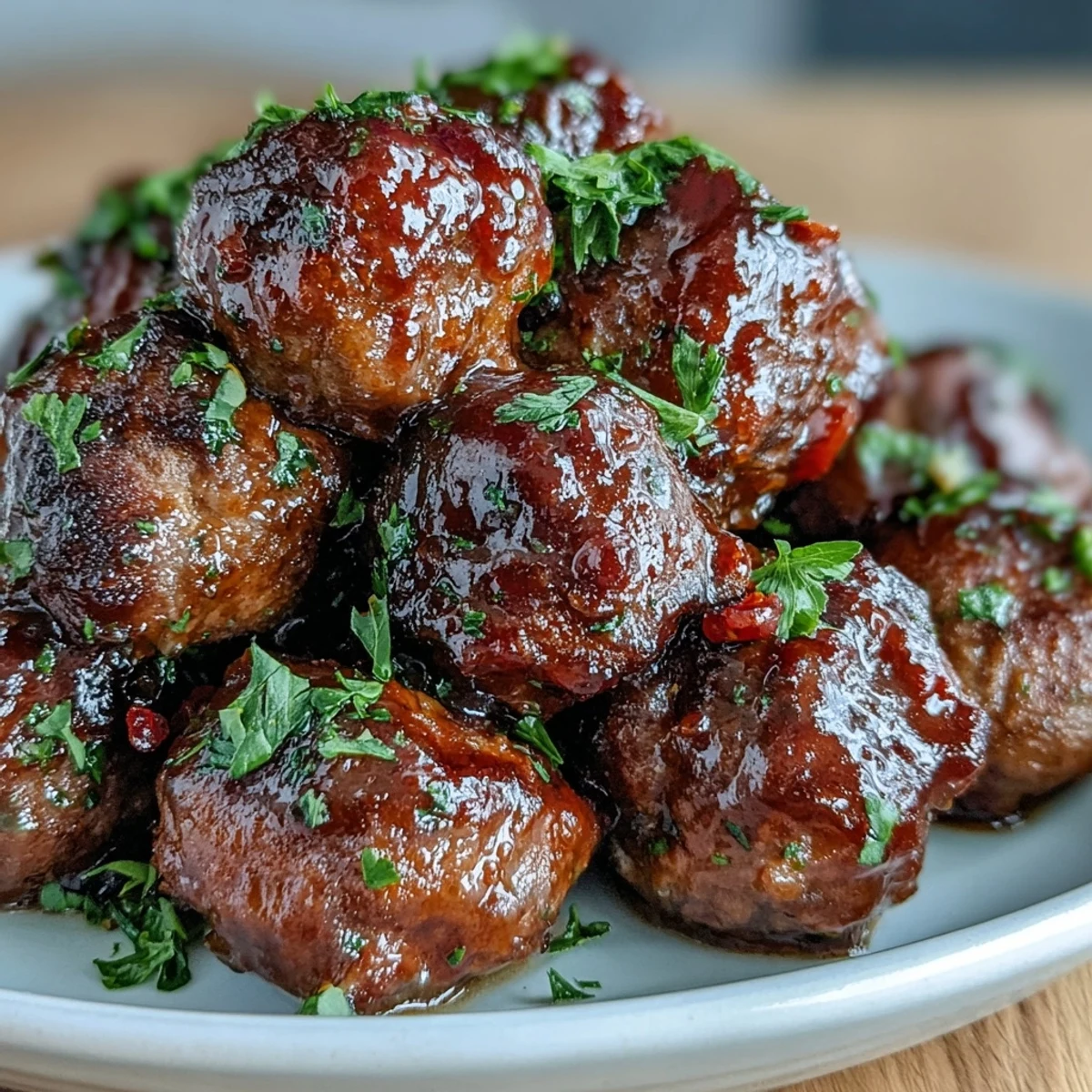 Golden brown Slow Cooker Peach Glazed Meatballs topped with fresh parsley, ready to be picked up by a toothpick.
