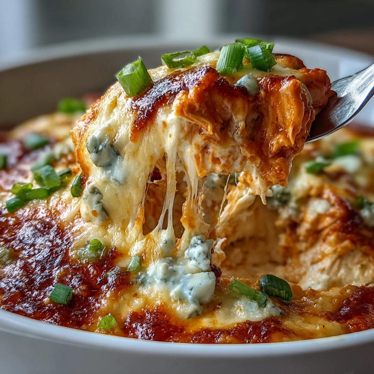 Crock Pot Buffalo Chicken Dip bubbling with melted cheddar and mozzarella in a slow cooker.
