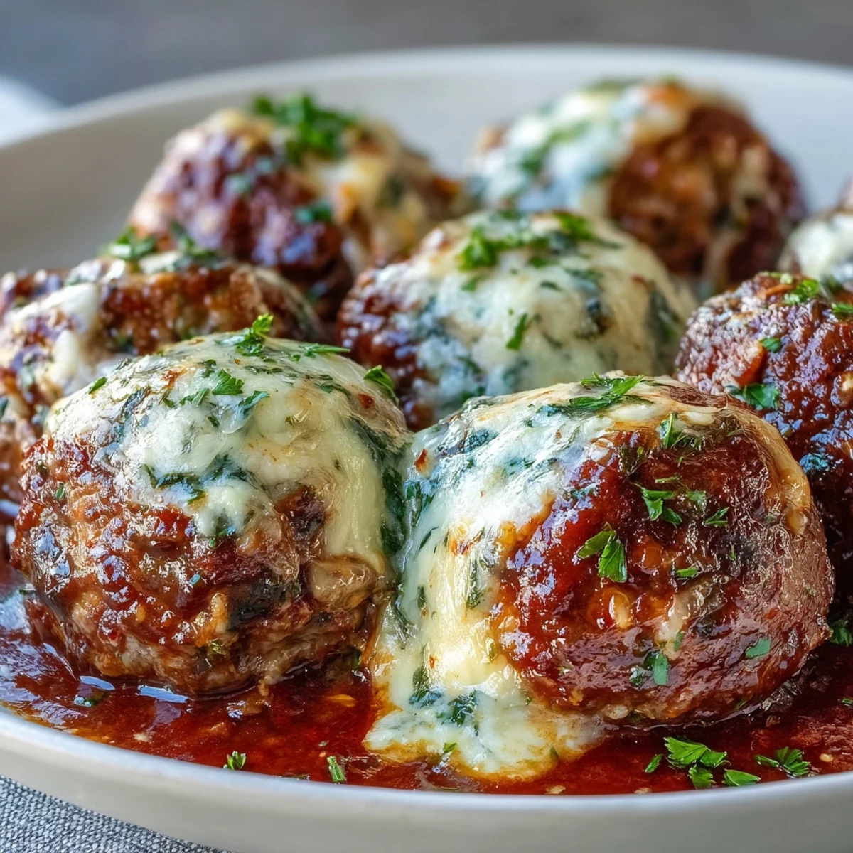 Golden-brown, cheesy meatballs simmer in a rich marinara sauce, garnished with fresh basil and served over gluten-free spaghetti for a comforting family dinner.