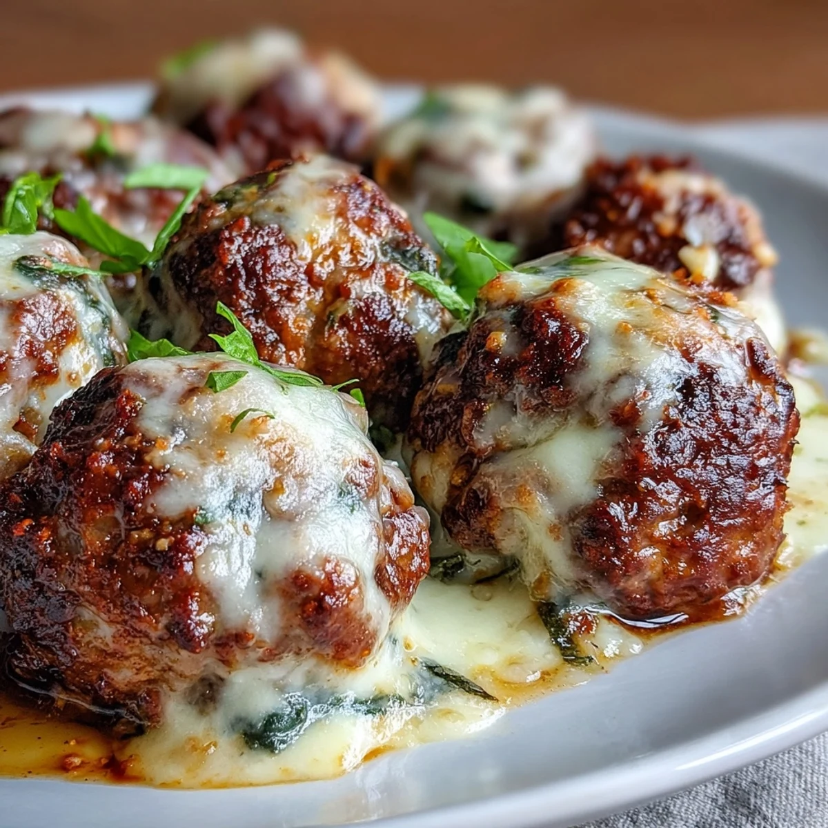 Close-up of tender beef meatballs coated in vibrant red sauce, melting cheese pulling apart, creating a delicious Italian-inspired main course for a weeknight meal.