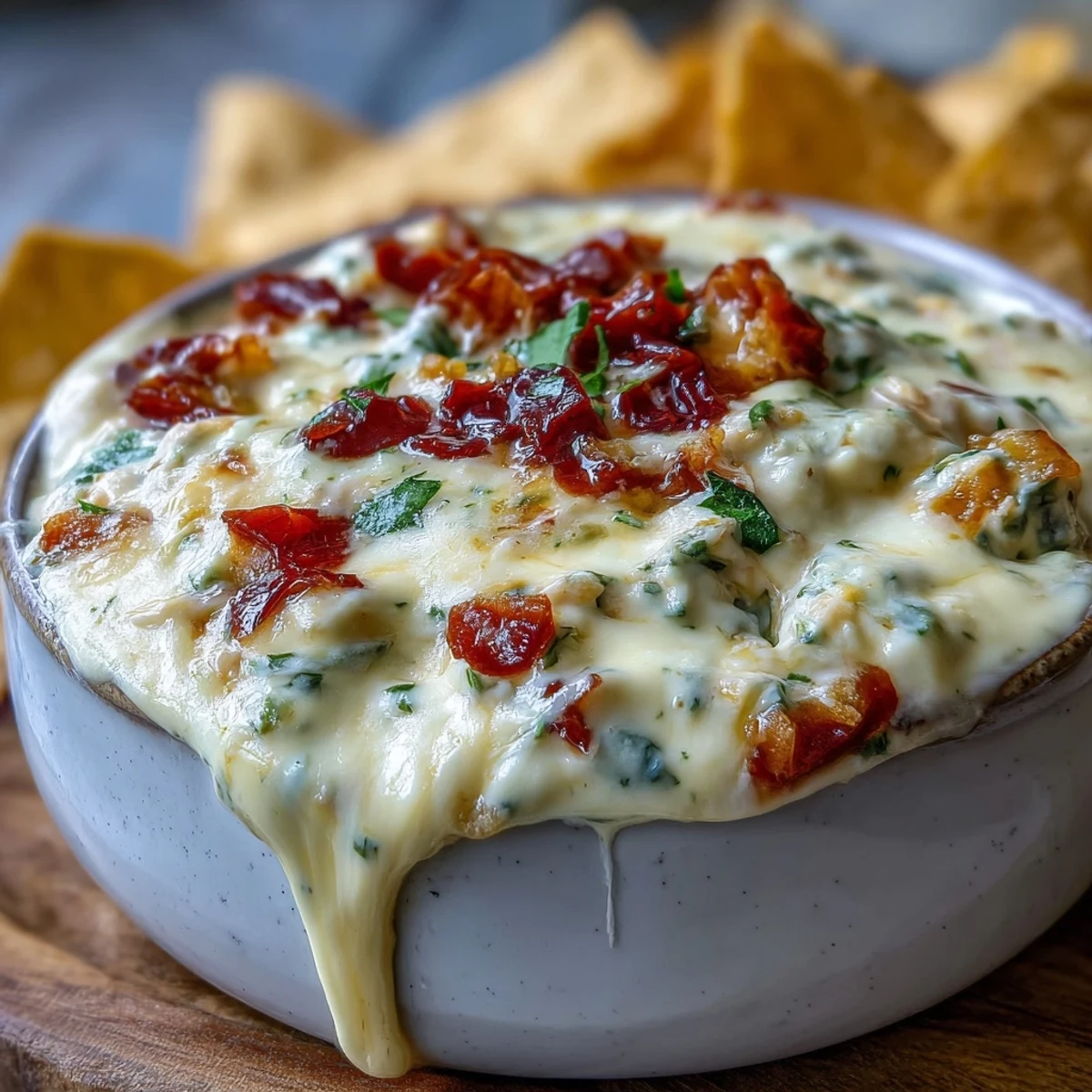 Creamy and spicy Queso Dip, melted in a saucepan with diced tomatoes and jalapeños, served warm in a bowl.