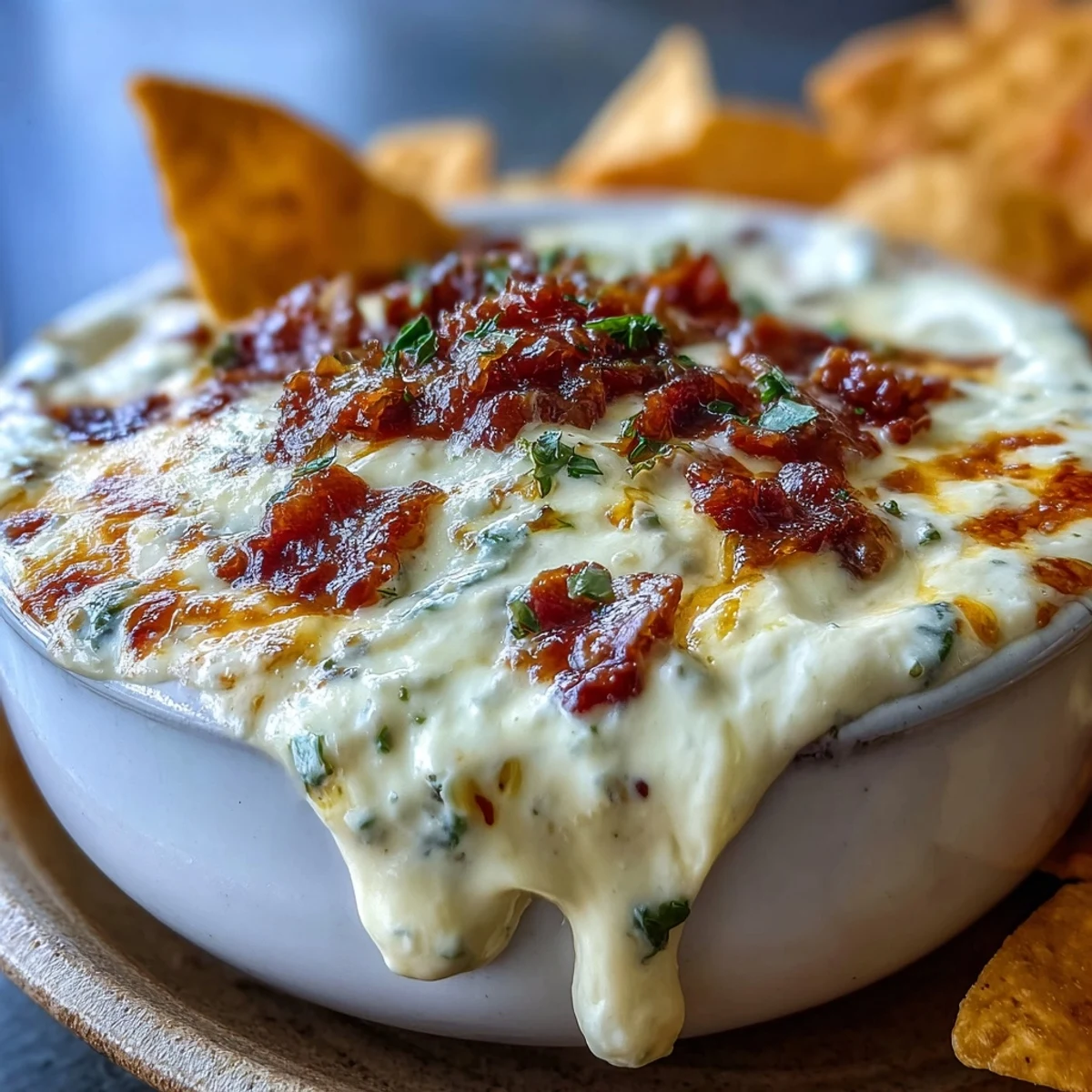 Steaming bowl of velvety Queso Dip with visible cheddar and Monterey Jack, paired with crunchy tortilla chips for dipping.
