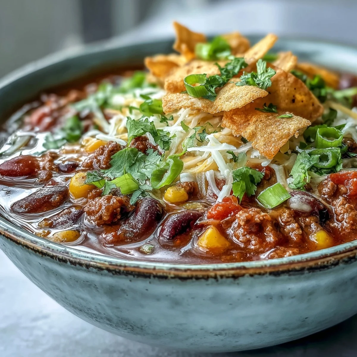 Steaming bowl of Taco Soup topped with cheese, sour cream, and jalapeños.