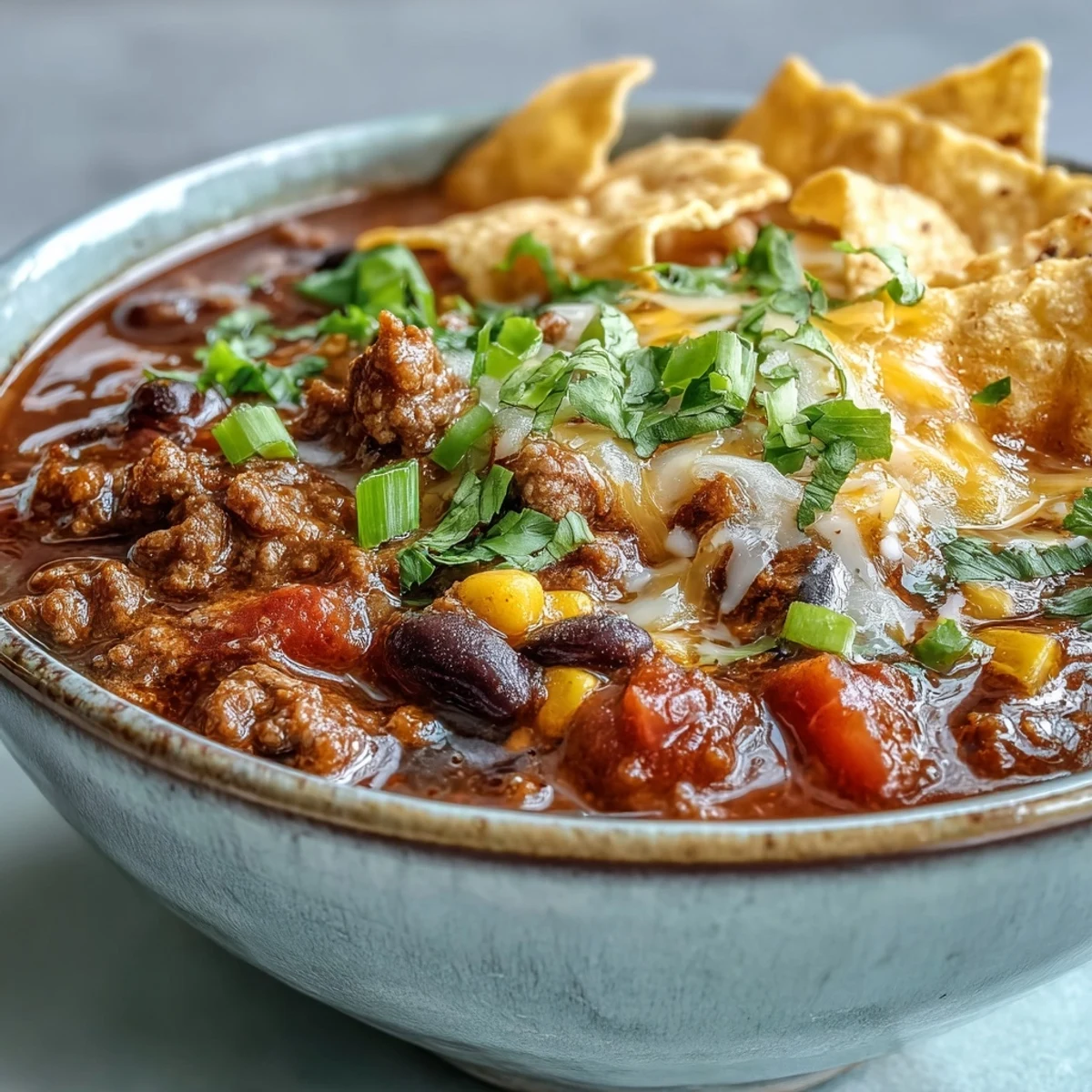 Hearty Taco Soup garnished with cilantro, green onions, and crushed tortilla chips for crunch.