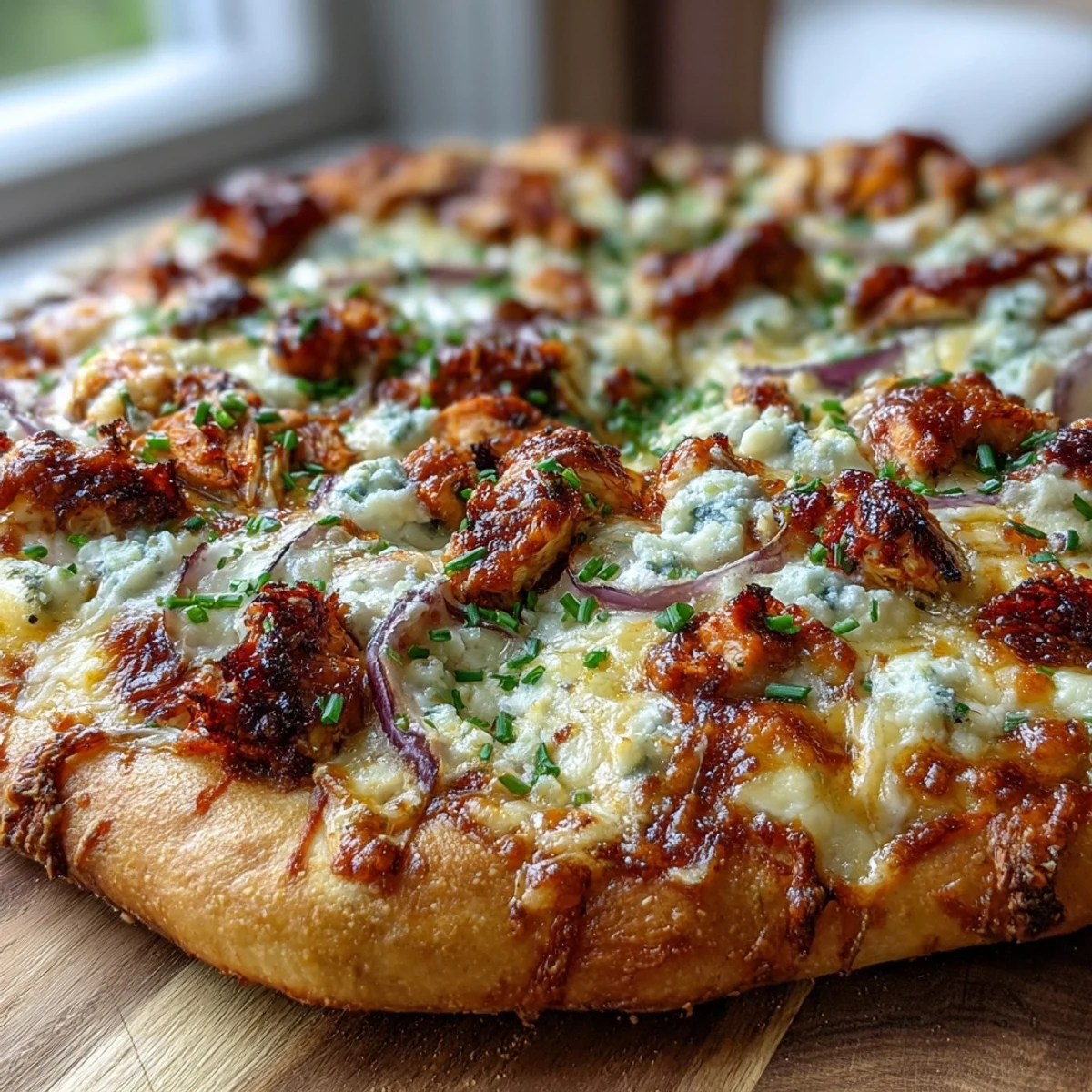 Golden-baked Buffalo Chicken Pizza with a crispy crust, loaded with spicy chicken, melted mozzarella, and a drizzle of tangy ranch.