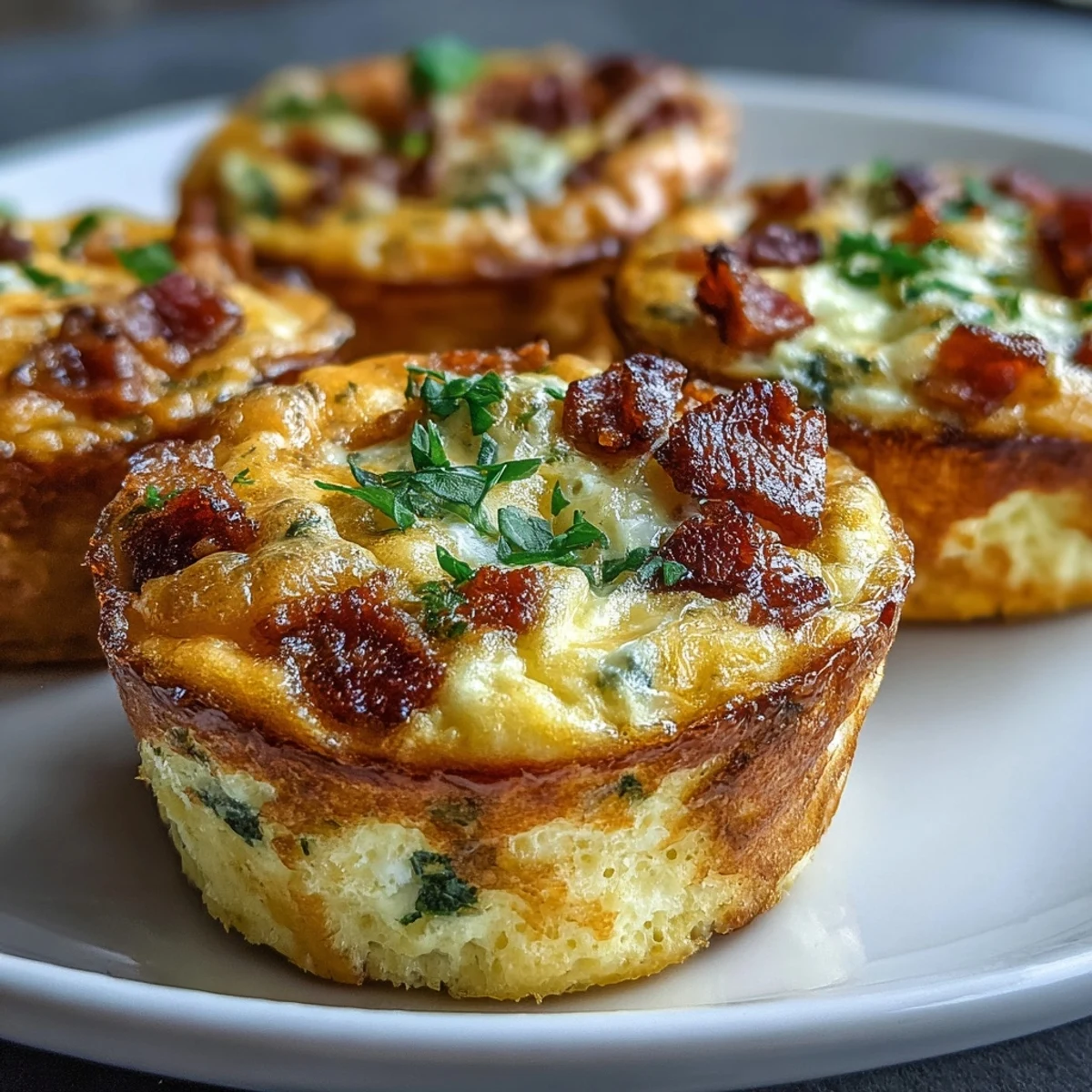 Golden-brown Breakfast Egg Muffins featuring melted cheddar, crisp bacon, and colorful bell peppers, served warm for a savory morning meal.