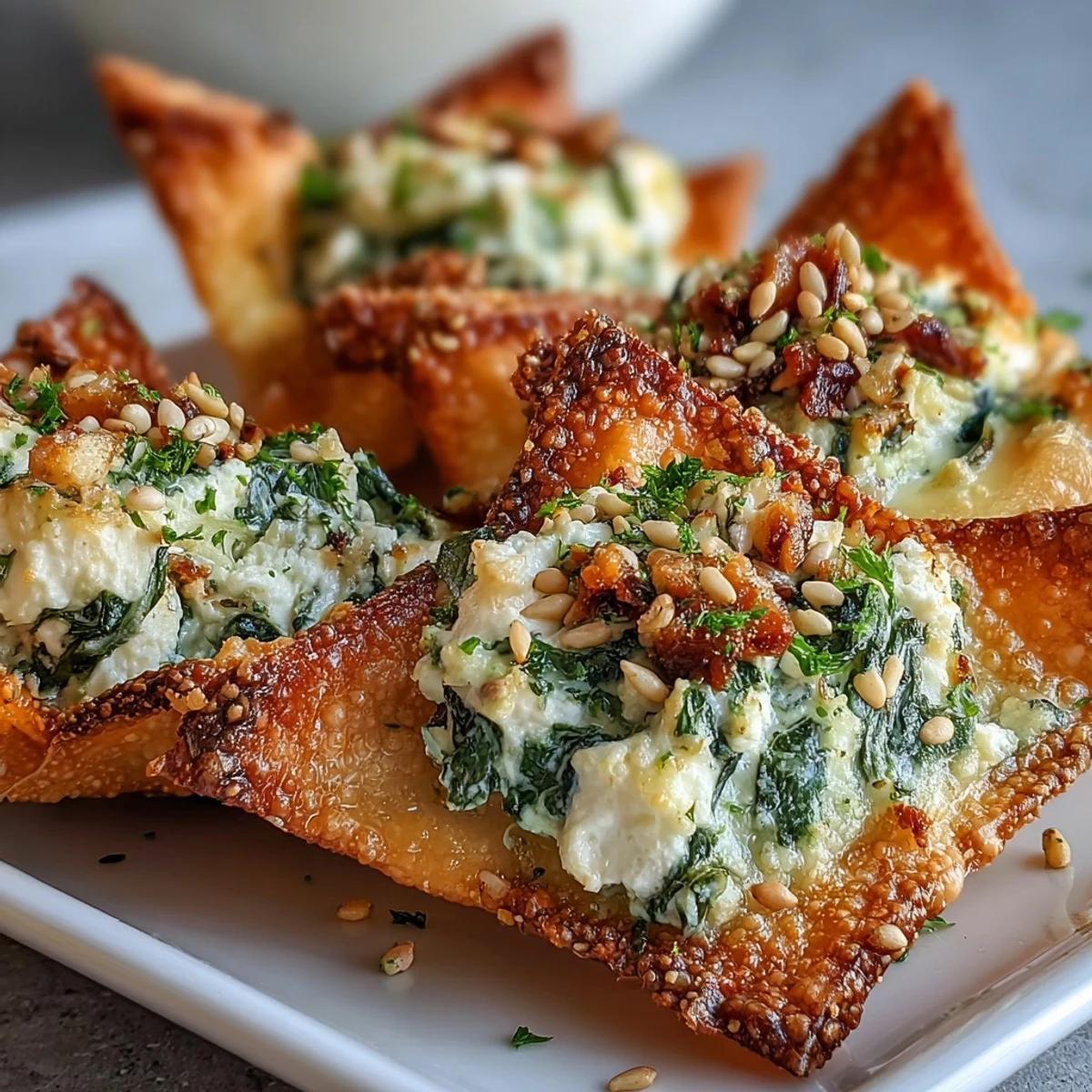 Golden Mediterranean Spinach and Feta Cheese Crisps in wonton cups with creamy herb-flecked filling.