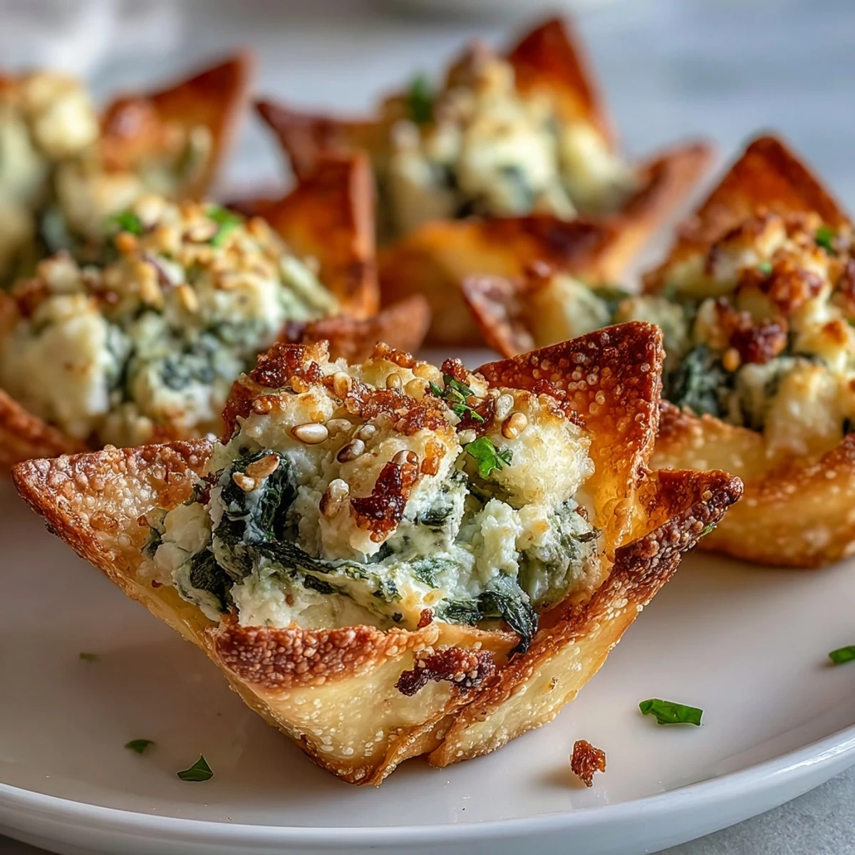 Crispy baked Mediterranean Spinach and Feta Cheese Crisps topped with toasted sesame seeds and paprika.