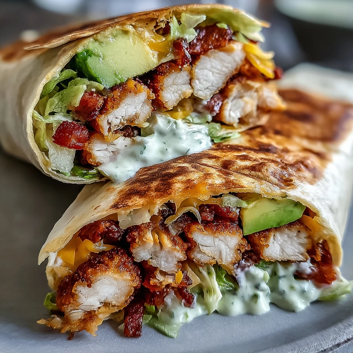 Freshly prepared Crispy Chicken Bacon Wrap served with a side of dipping sauce and diced tomatoes on the plate.