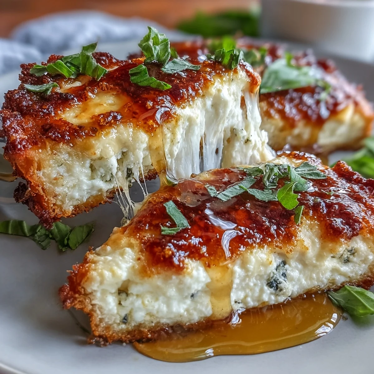 Fresh-baked Hot Honey Ricotta Pizza with golden, fluffy crust, creamy ricotta, melted mozzarella, and fresh basil garnish.