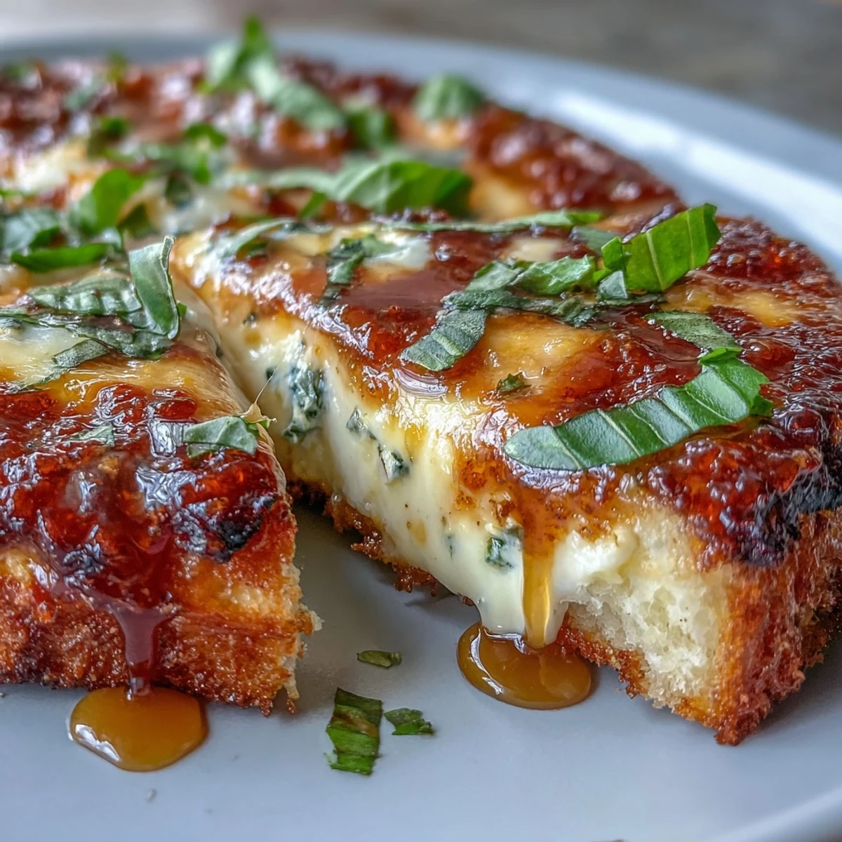 A close-up slice of Hot Honey Ricotta Pizza, drizzled with spicy warm honey and topped with vibrant basil leaves.