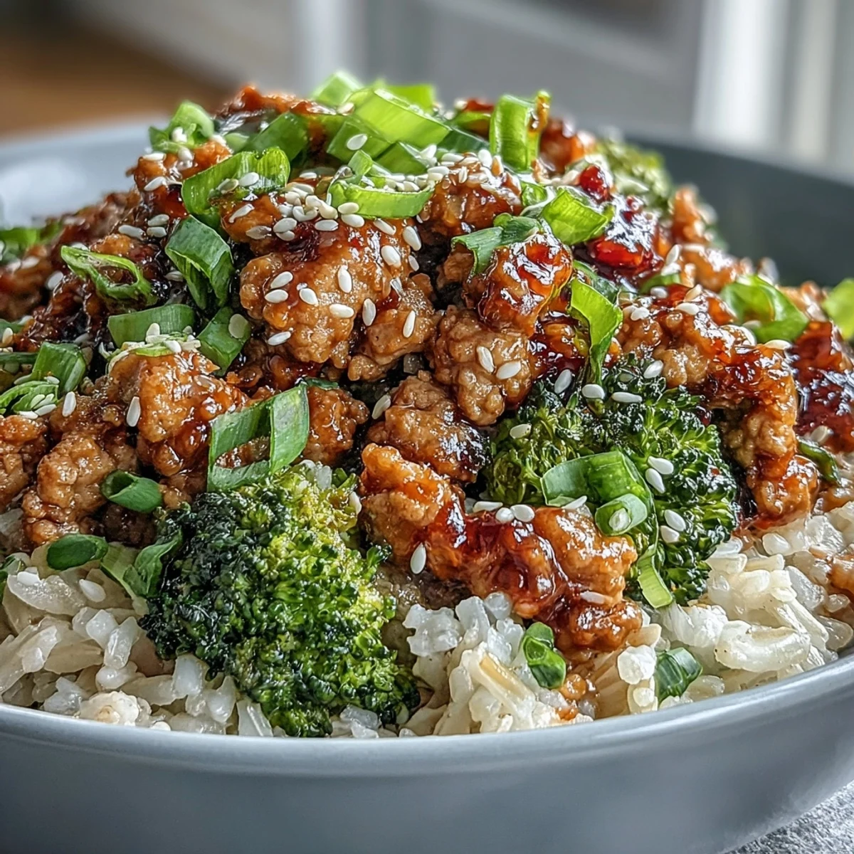 A close-up of Sweet and Spicy Turkey Broccoli Bowls showing glistening ground turkey glazed in honey-sriracha, fluffy brown rice, and steamed broccoli topped with green onions and sesame seeds.