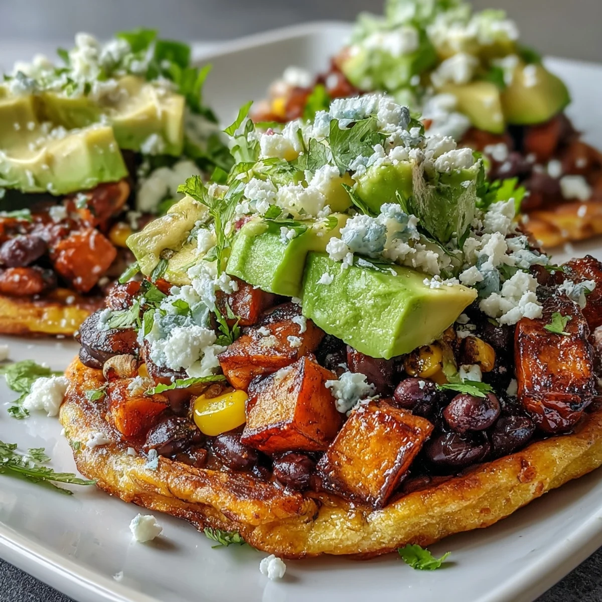 Close-up of Black Bean and Sweet Potato Tostadas loaded with charred sweet potatoes, lime-spiked corn and beans, creamy avocado, and fresh cilantro.
